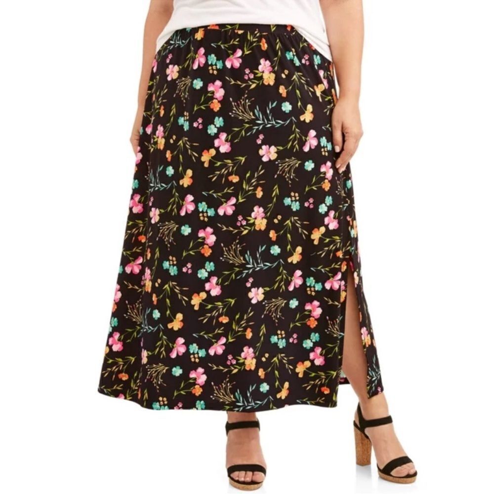 terra & sky 14W Black Vibrant Floral Maxi Pull on Knit Skirt